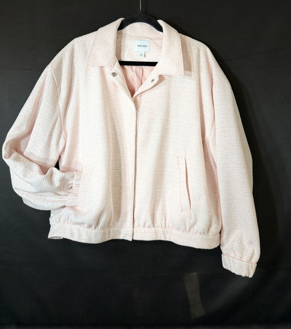 Nine West Womens XXL Blush Pink Textured Boucle Bomber Jacket Snap Front Lined